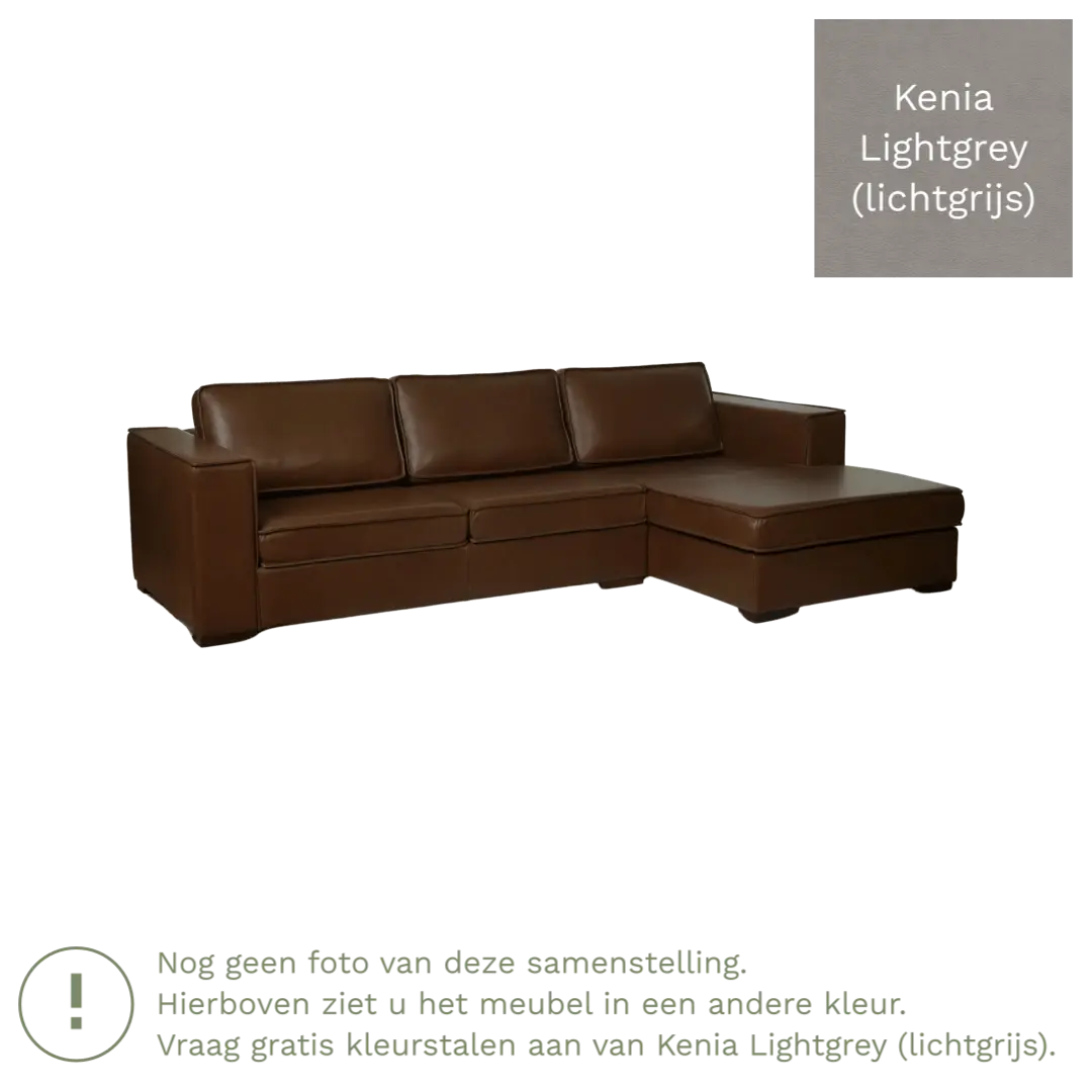 afbeelding van Leren hoekbank Fine - 2 zits arm rechts + longchair links - Kenia Lightgrey (lichtgrijs) - Poten hout zwart
