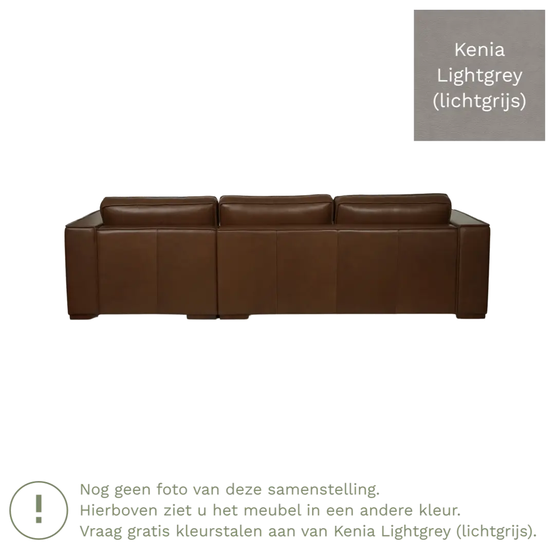 afbeelding van Leren hoekbank Fine - 2 zits arm rechts + longchair links - Kenia Lightgrey (lichtgrijs) - Poten hout zwart