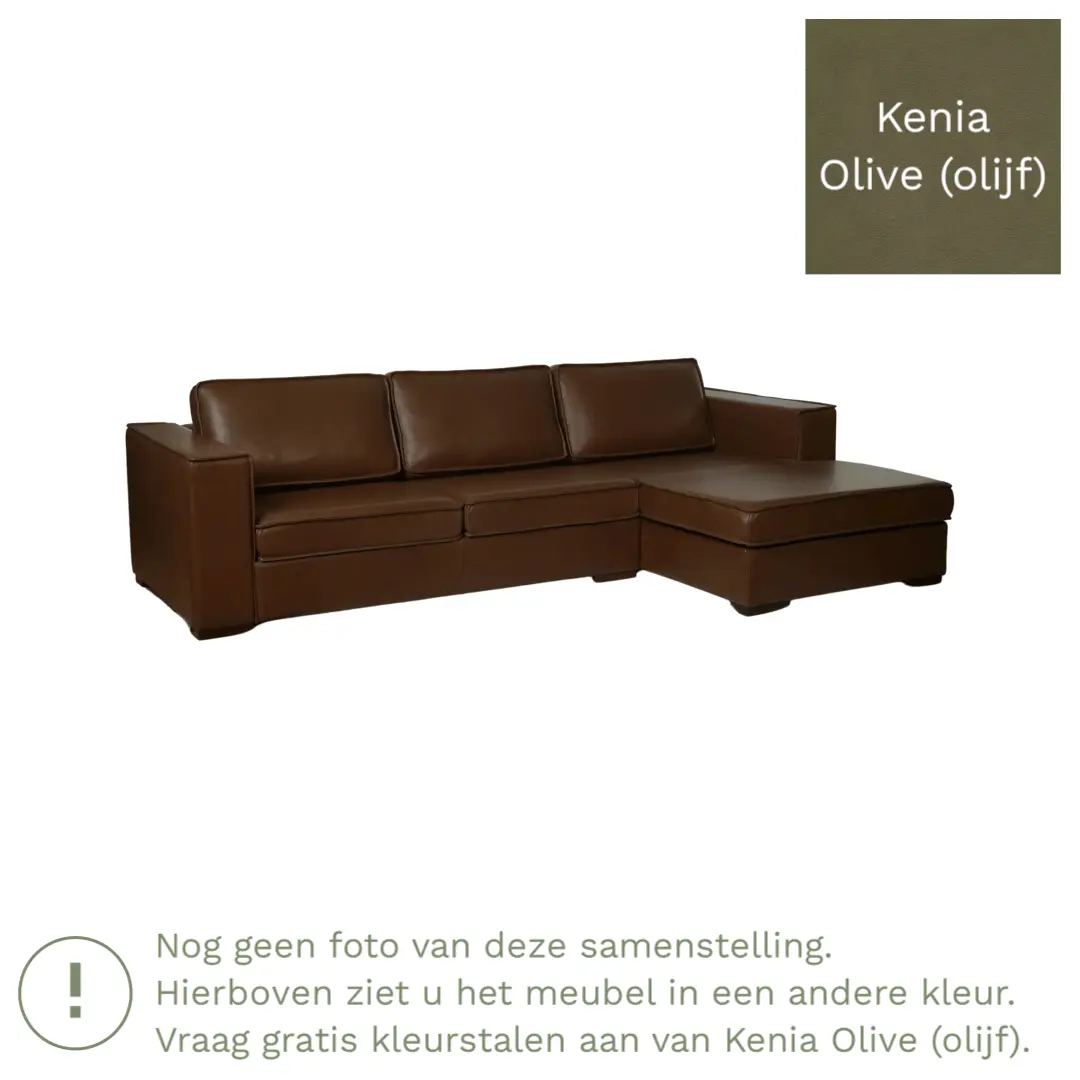 afbeelding van Leren hoekbank Fine - 2 zits arm rechts + longchair links - Kenia Olive (olijf) - Poten hout zwart