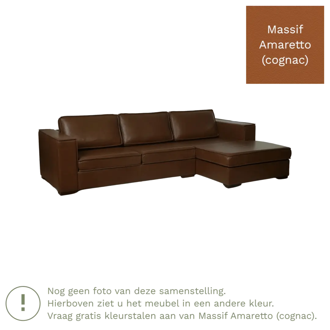 afbeelding van Leren hoekbank Fine - 2 zits arm rechts + longchair links - Massif Amaretto (cognac) - Poten hout zwart
