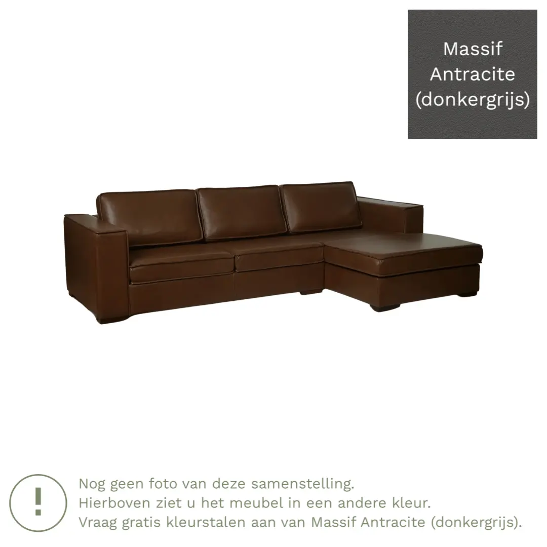 afbeelding van Leren hoekbank Fine - 2 zits arm rechts + longchair links - Massif Antracite (donkergrijs) - Poten hout zwart