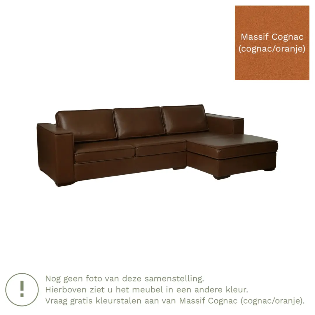 afbeelding van Leren hoekbank Fine - 2 zits arm rechts + longchair links - Massif Cognac (cognac/oranje) - Poten hout zwart