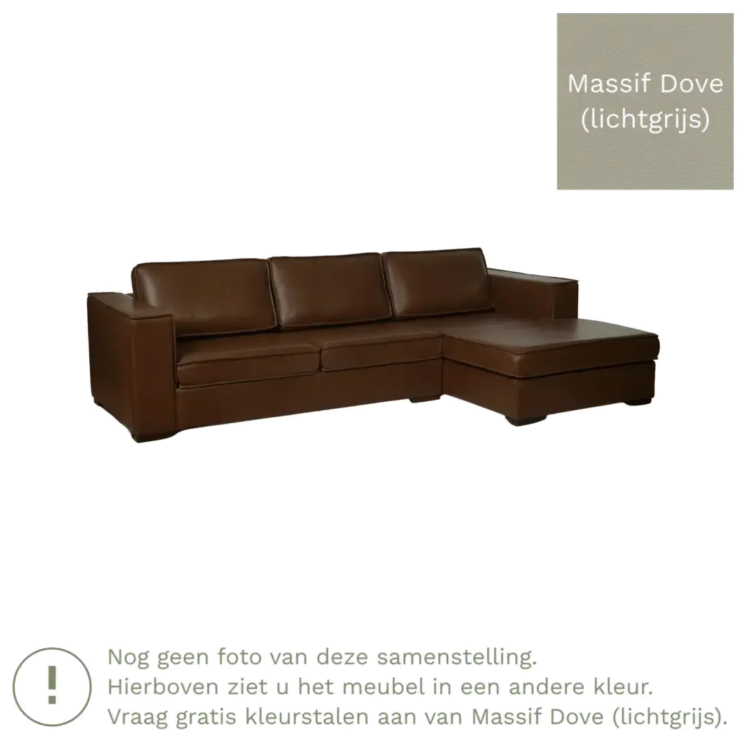afbeelding van Leren hoekbank Fine - 2 zits arm rechts + longchair links - Massif Dove (lichtgrijs) - Poten hout zwart