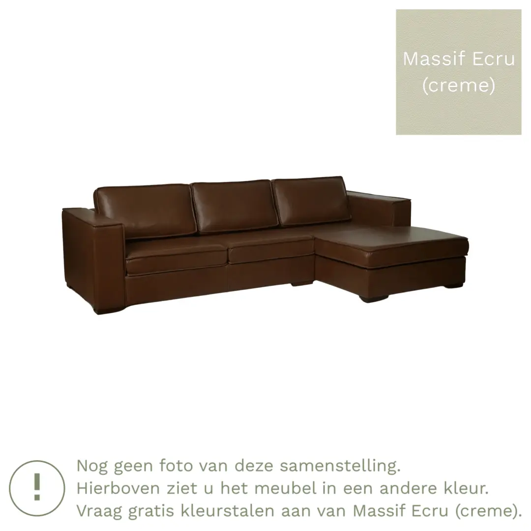 afbeelding van Leren hoekbank Fine - 2 zits arm rechts + longchair links - Massif Ecru (crème) - Poten hout zwart