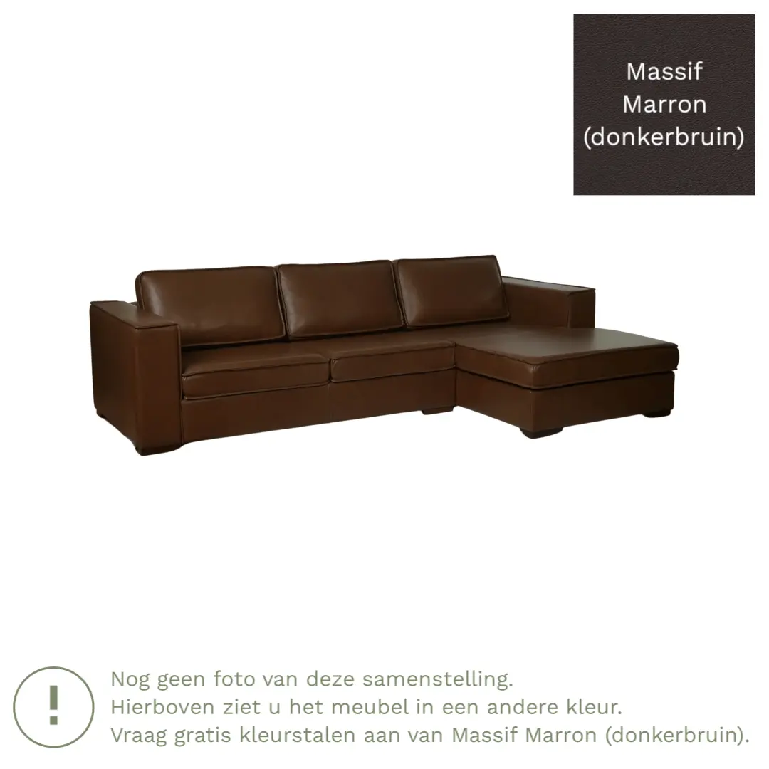 afbeelding van Leren hoekbank Fine - 2 zits arm rechts + longchair links - Massif Marron (donkerbruin) - Poten hout zwart