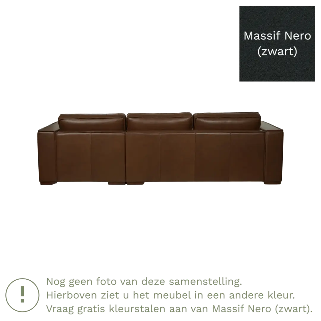 afbeelding van Leren hoekbank Fine - 2 zits arm rechts + longchair links - Massif Nero (zwart) - Poten hout bruin