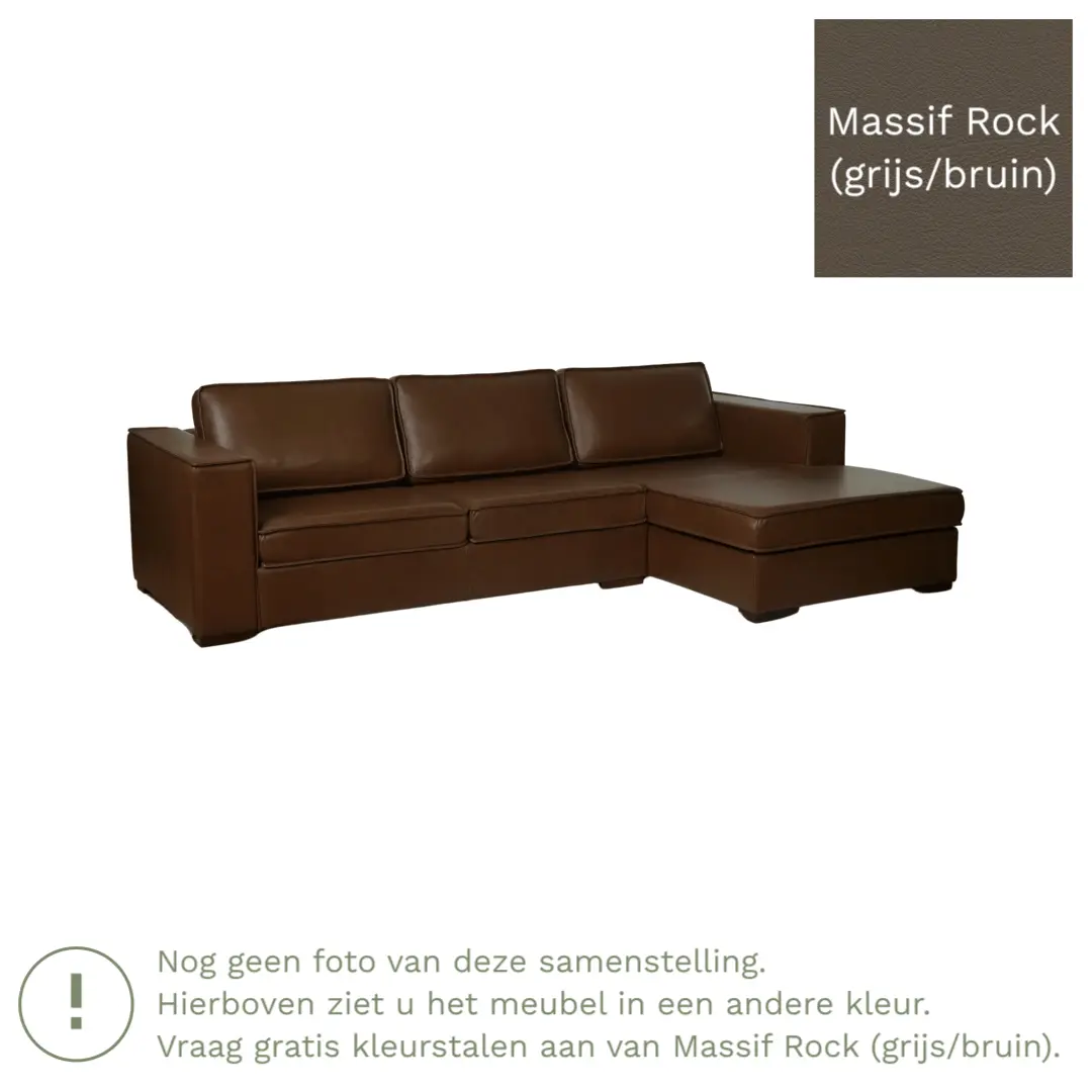 afbeelding van Leren hoekbank Fine - 2 zits arm rechts + longchair links - Massif Rock (grijs/bruin) - Poten hout bruin