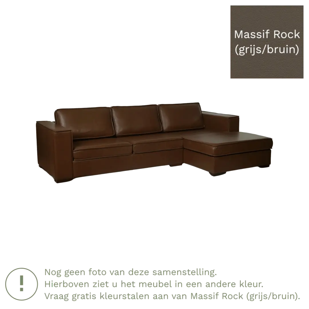 afbeelding van Leren hoekbank Fine - 2 zits arm rechts + longchair links - Massif Rock (grijs/bruin) - Poten hout zwart