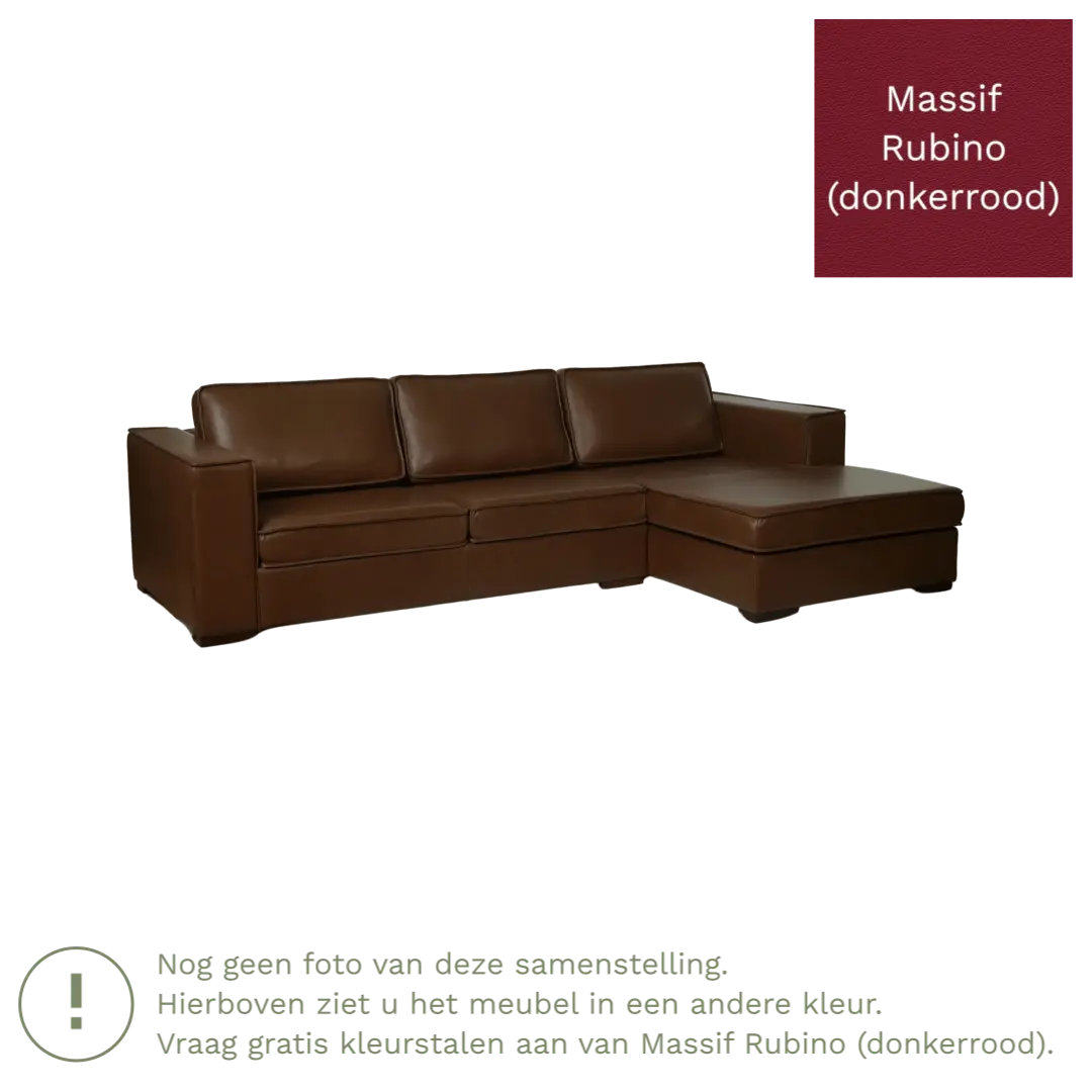 afbeelding van Leren hoekbank Fine - 2 zits arm rechts + longchair links - Massif Rubino (donkerrood) - Poten hout bruin