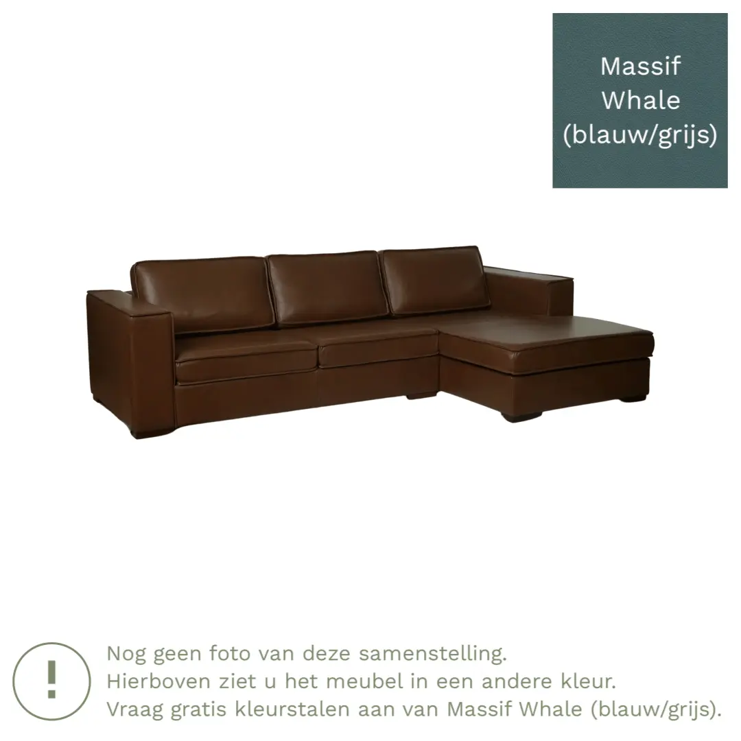 afbeelding van Leren hoekbank Fine - 2 zits arm rechts + longchair links - Massif Whale (blauw/grijs) - Poten hout zwart