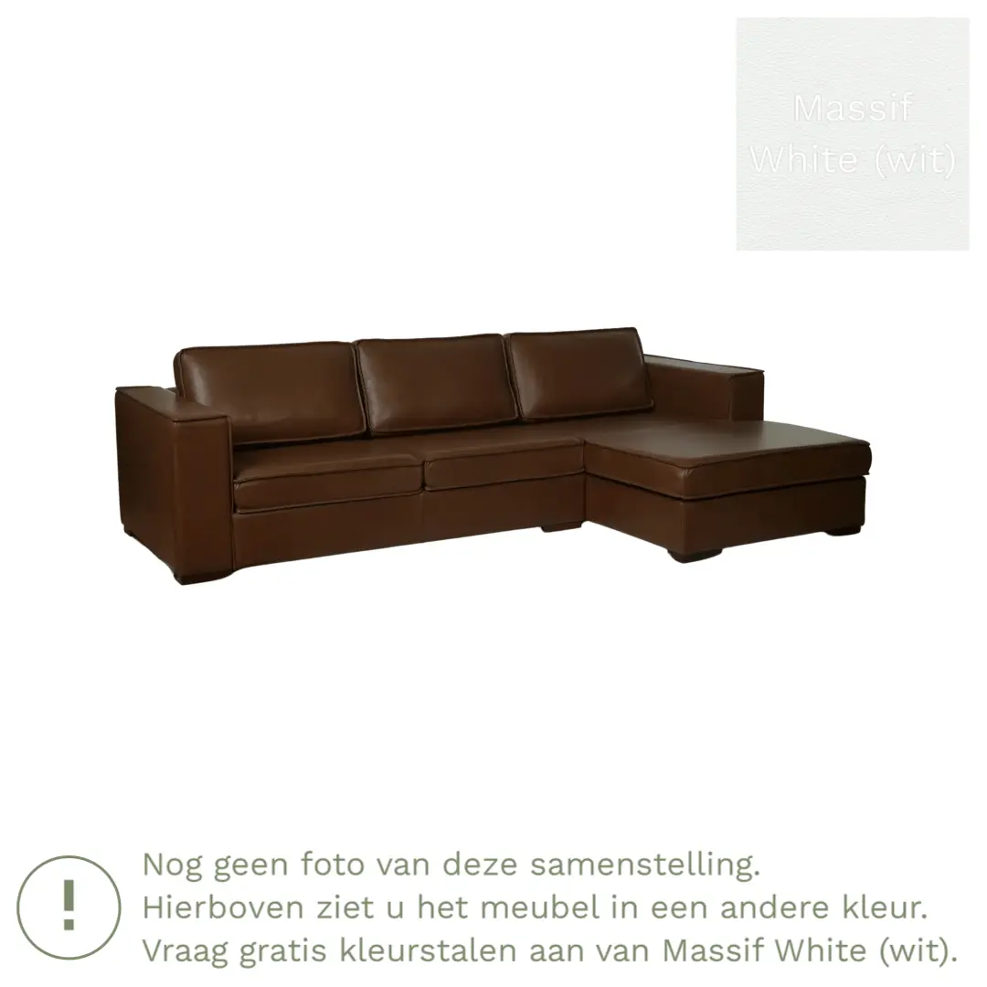 afbeelding van Leren hoekbank Fine - 2 zits arm rechts + longchair links - Massif White (wit) - Poten hout bruin