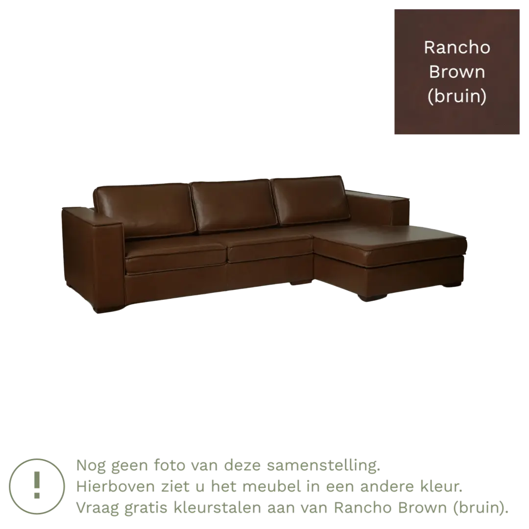 afbeelding van Leren hoekbank Fine - 2 zits arm rechts + longchair links - Rancho Brown (bruin) - Poten hout zwart