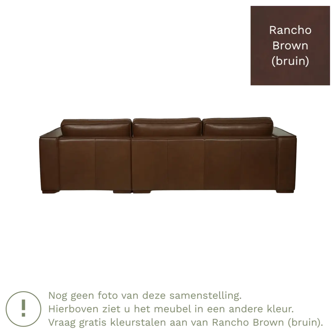 afbeelding van Leren hoekbank Fine - 2 zits arm rechts + longchair links - Rancho Brown (bruin) - Poten hout zwart