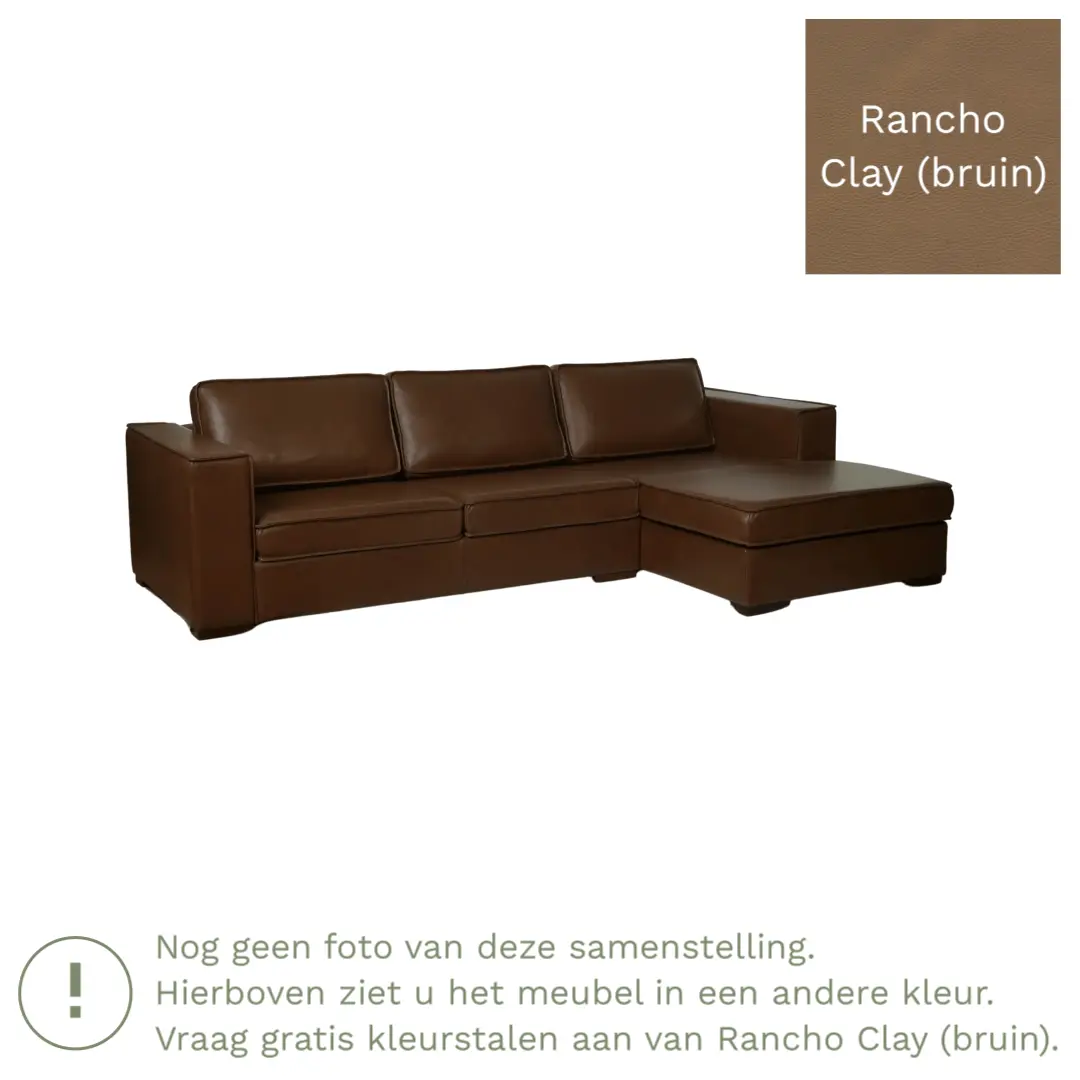 afbeelding van Leren hoekbank Fine - 2 zits arm rechts + longchair links - Rancho Clay (bruin) - Poten hout zwart