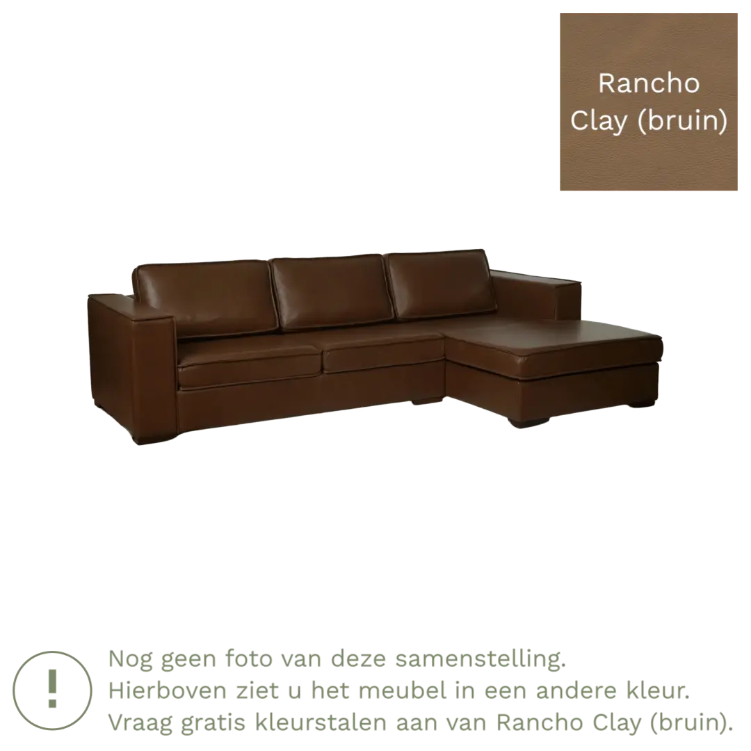 afbeelding van Leren hoekbank Fine - 2 zits arm rechts + longchair links - Rancho Clay (bruin) - Poten hout zwart