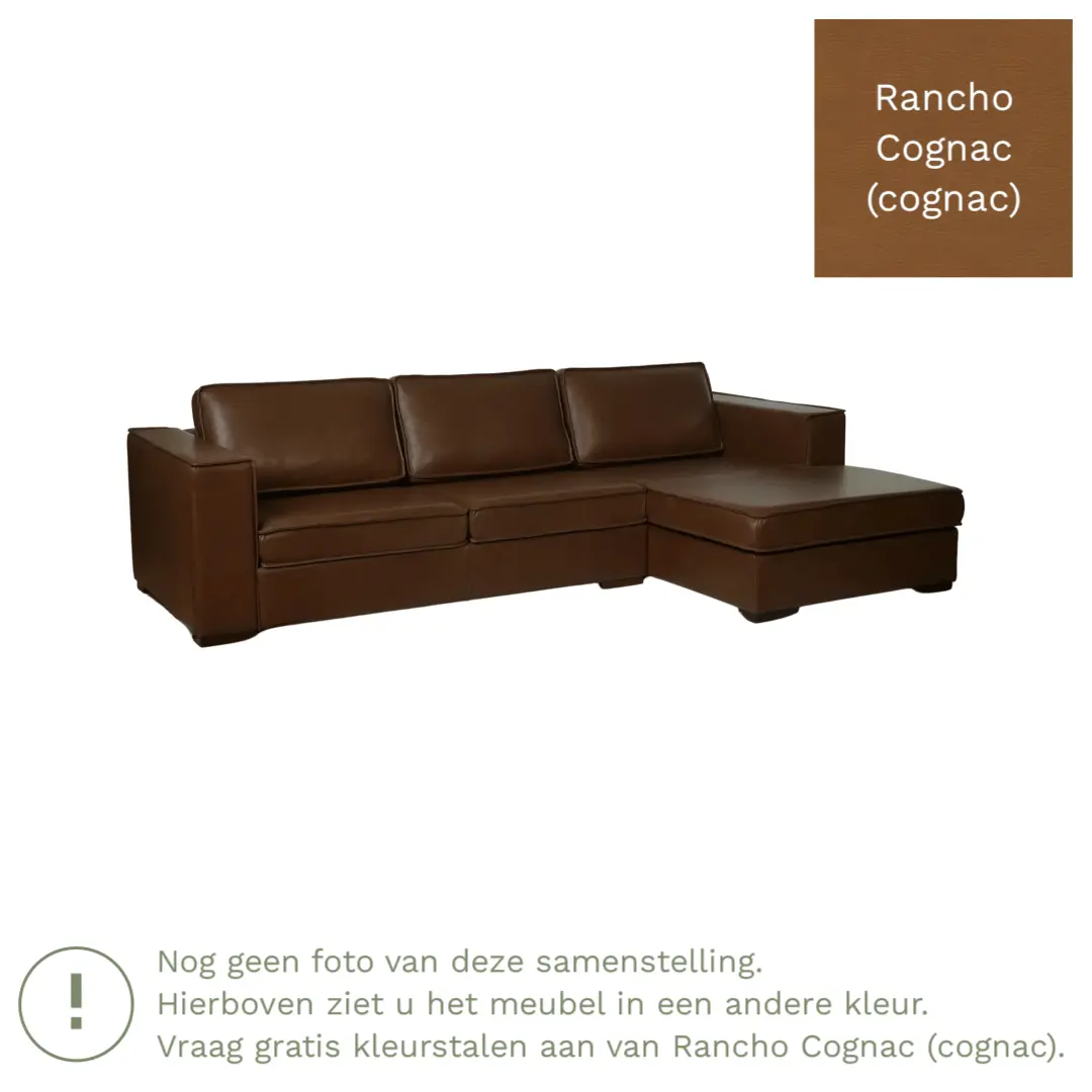 afbeelding van Leren hoekbank Fine - 2 zits arm rechts + longchair links - Rancho Cognac (cognac) - Poten hout zwart