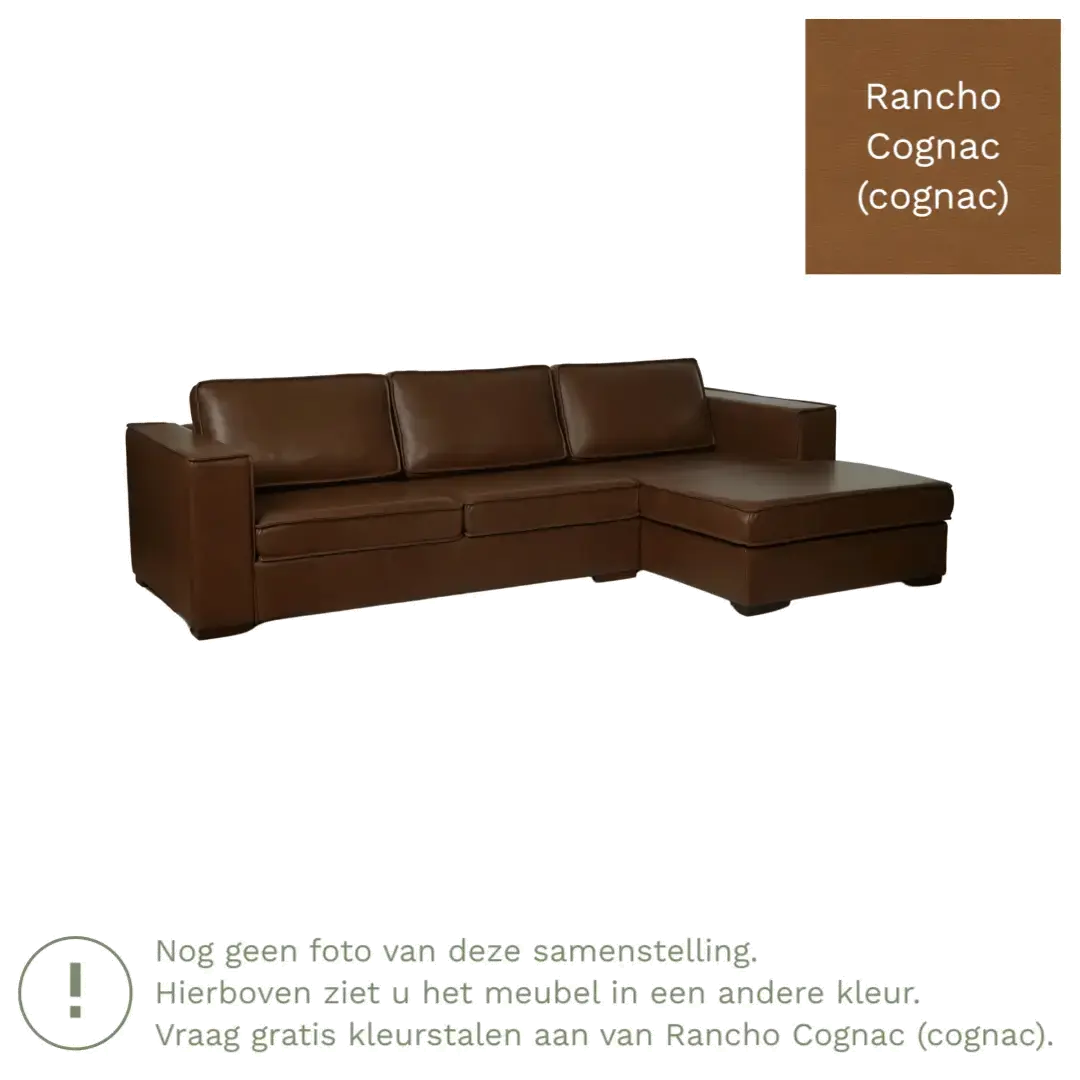 afbeelding van Leren hoekbank Fine - 2 zits arm rechts + longchair links - Rancho Cognac (cognac) - Poten hout zwart