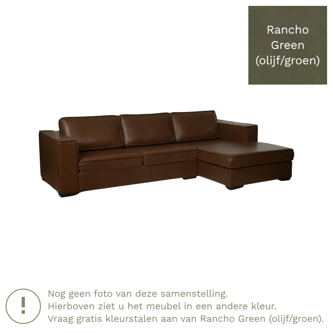 afbeelding van Leren hoekbank Fine - 2 zits arm rechts + longchair links - Rancho Green (olijf/groen) - Poten hout zwart