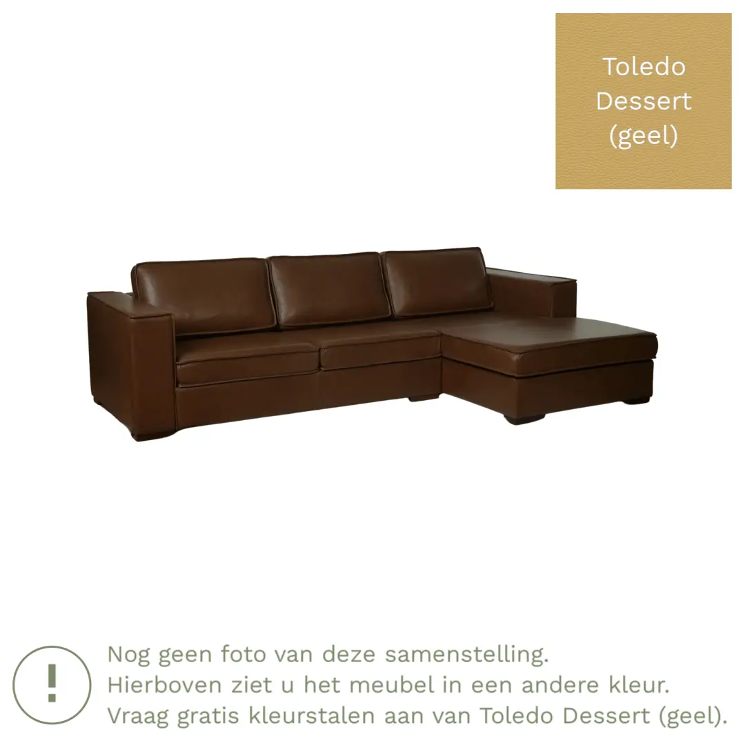 afbeelding van Leren hoekbank Fine - 2 zits arm rechts + longchair links - Toledo Dessert (geel) - Poten hout bruin