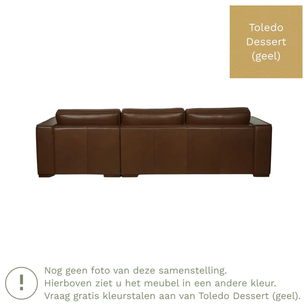 afbeelding van Leren hoekbank Fine - 2 zits arm rechts + longchair links - Toledo Dessert (geel) - Poten hout bruin