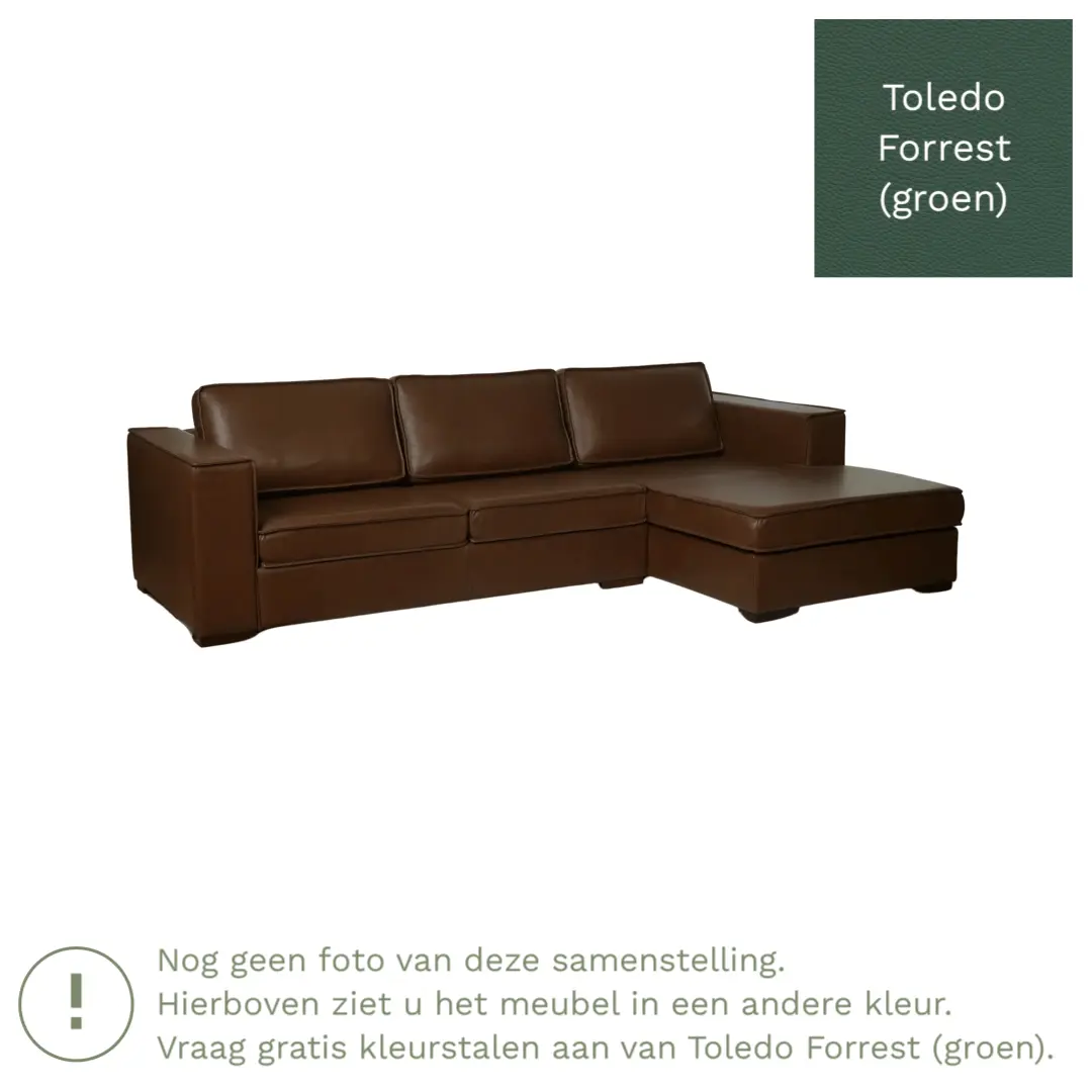 afbeelding van Leren hoekbank Fine - 2 zits arm rechts + longchair links - Toledo Forrest (groen) - Poten hout zwart