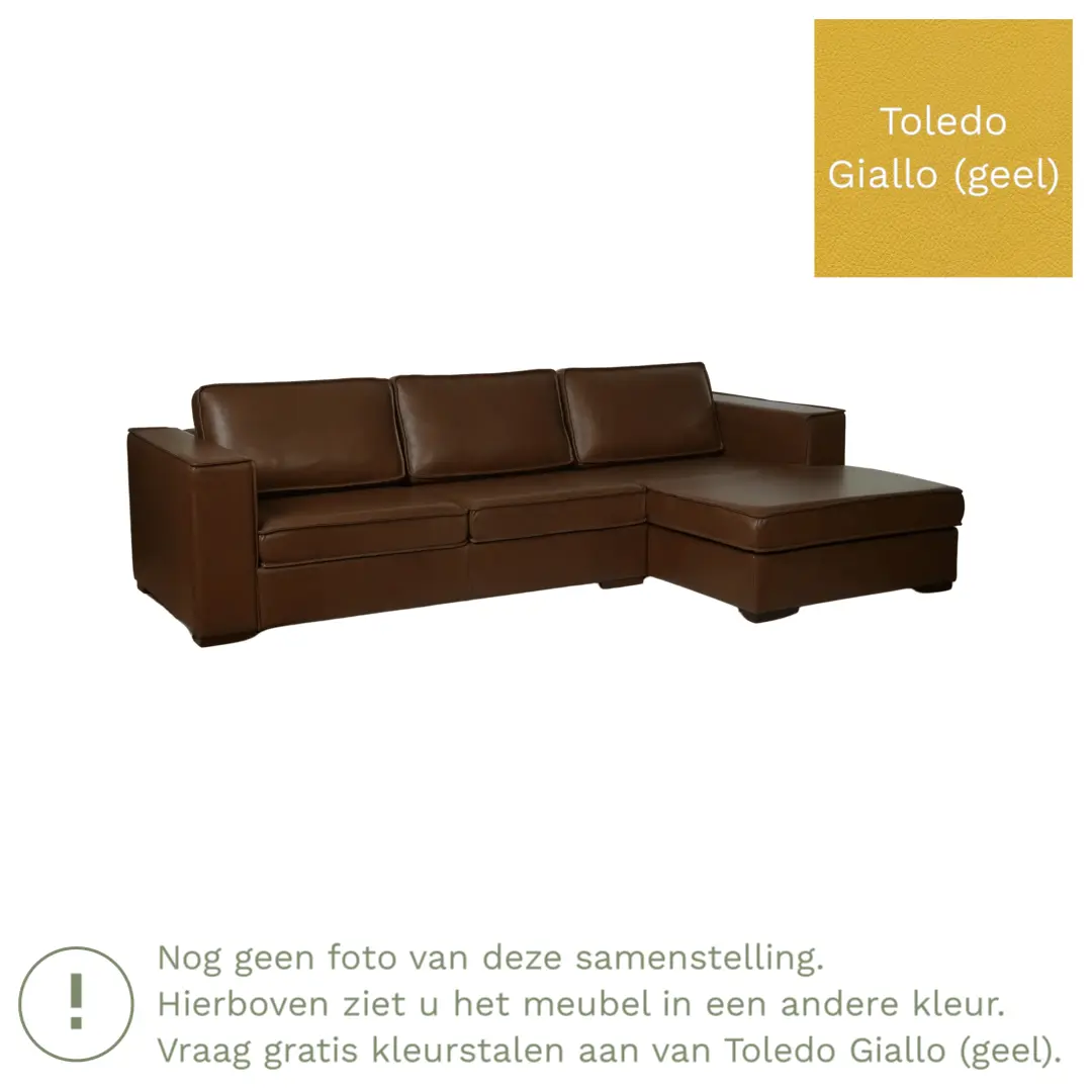 afbeelding van Leren hoekbank Fine - 2 zits arm rechts + longchair links - Toledo Giallo (geel) - Poten hout zwart