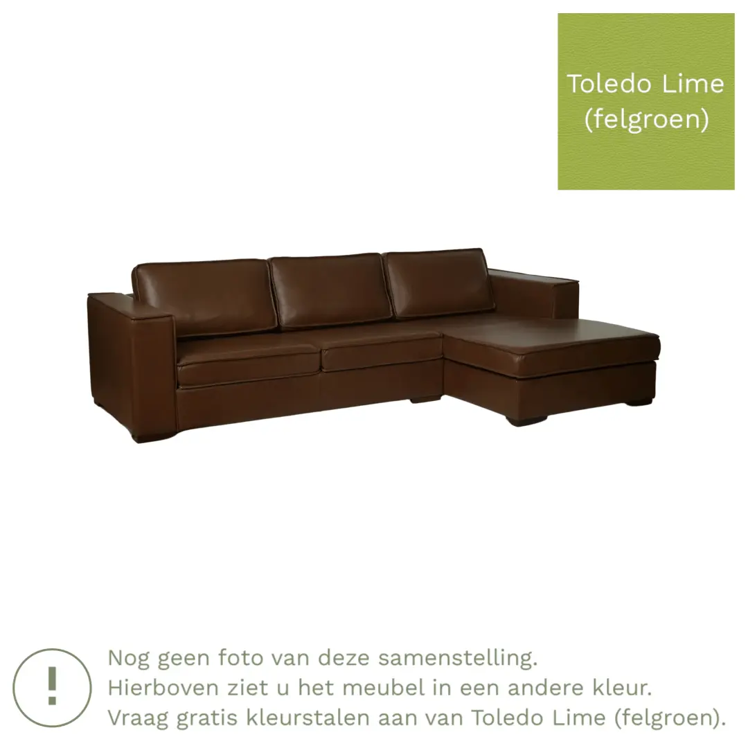 afbeelding van Leren hoekbank Fine - 2 zits arm rechts + longchair links - Toledo Lime (felgroen) - Poten hout bruin