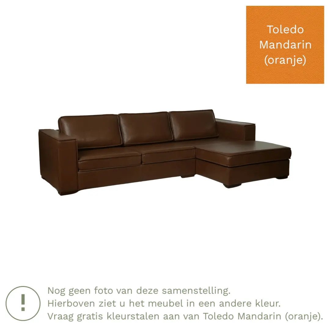 afbeelding van Leren hoekbank Fine - 2 zits arm rechts + longchair links - Toledo Mandarin (oranje) - Poten hout zwart