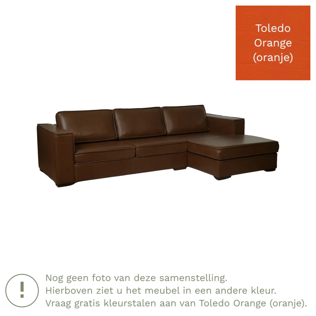 afbeelding van Leren hoekbank Fine - 2 zits arm rechts + longchair links - Toledo Orange (oranje) - Poten hout bruin