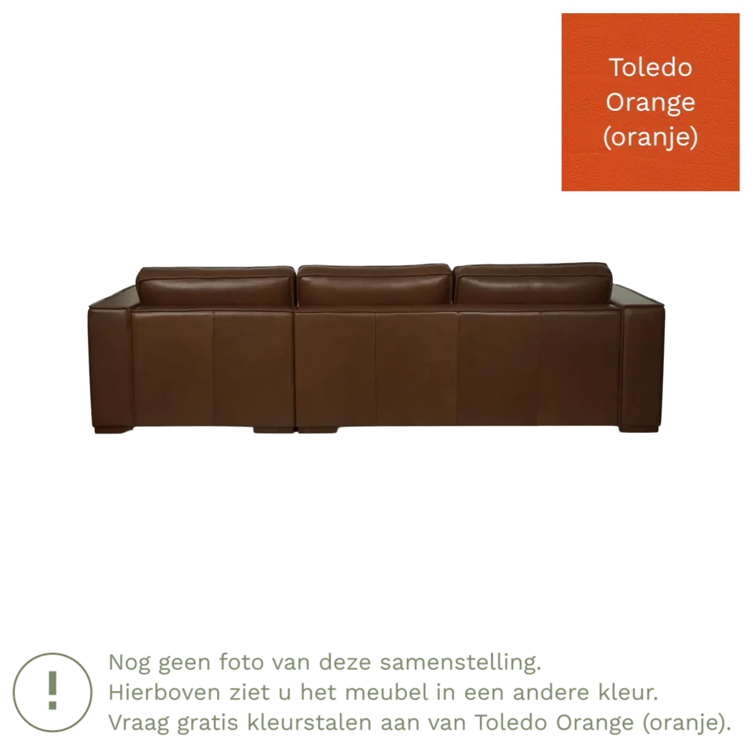 afbeelding van Leren hoekbank Fine - 2 zits arm rechts + longchair links - Toledo Orange (oranje) - Poten hout bruin