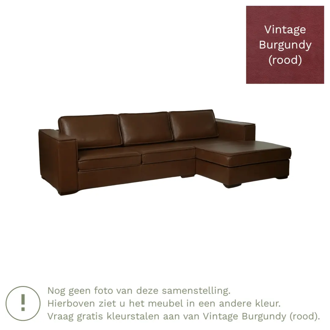 afbeelding van Leren hoekbank Fine - 2 zits arm rechts + longchair links - Vintage Burgundy (rood) - Poten hout bruin