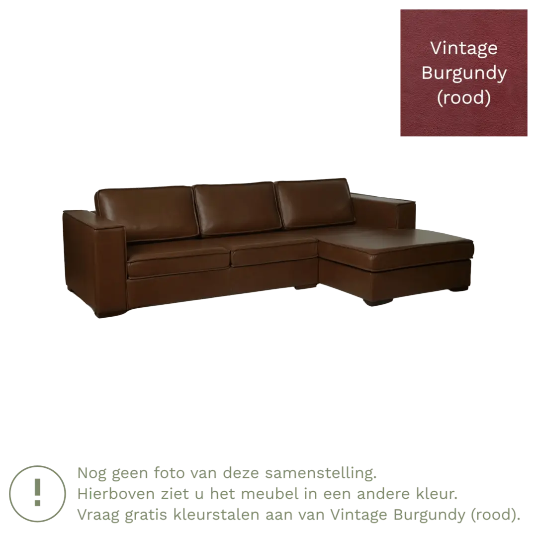 afbeelding van Leren hoekbank Fine - 2 zits arm rechts + longchair links - Vintage Burgundy (rood) - Poten hout bruin