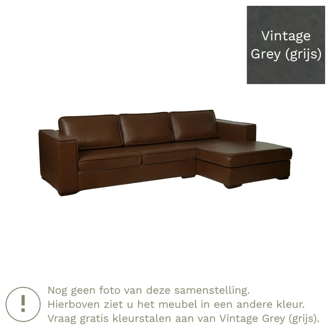 afbeelding van Leren hoekbank Fine - 2 zits arm rechts + longchair links - Vintage Grey (grijs) - Poten hout zwart