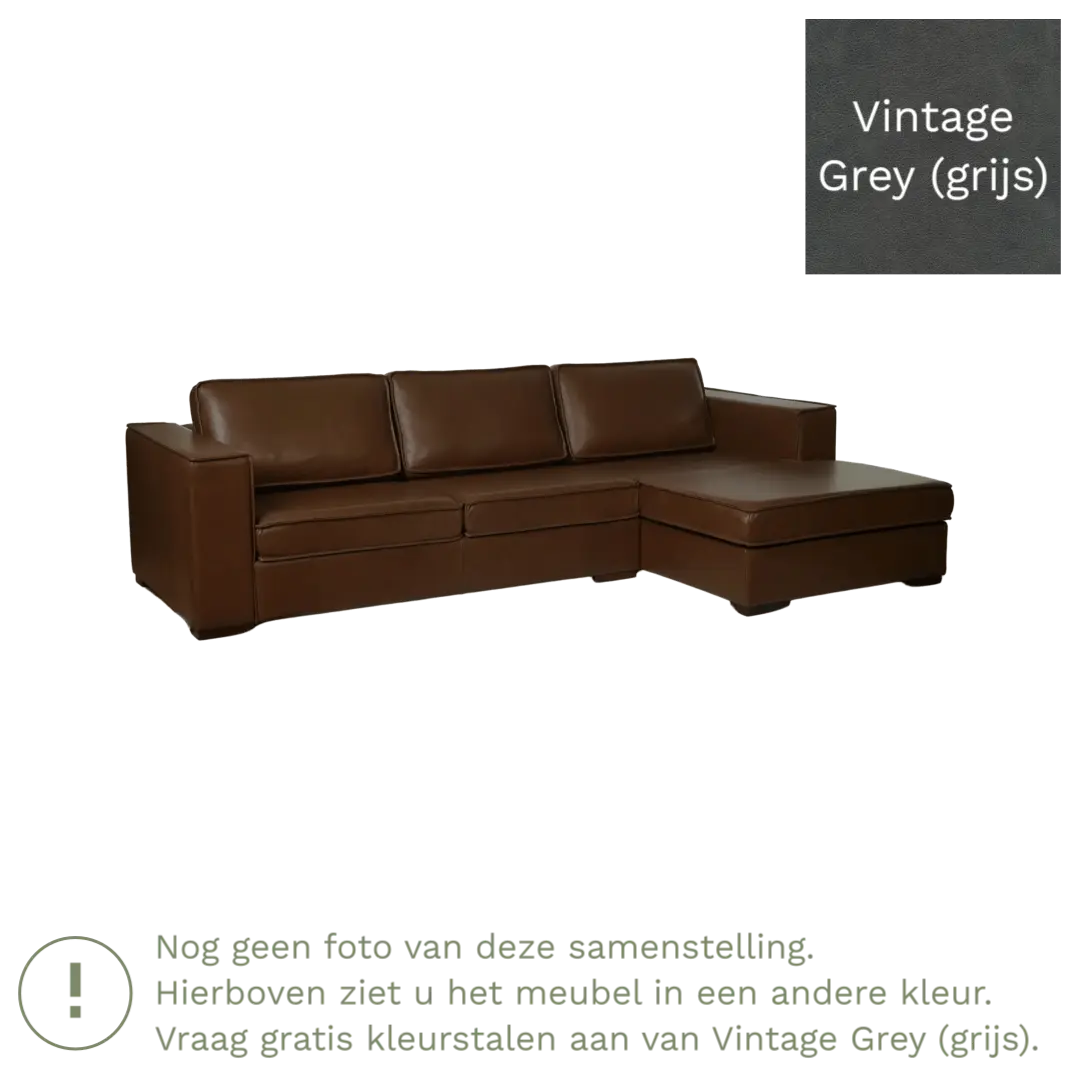 afbeelding van Leren hoekbank Fine - 2 zits arm rechts + longchair links - Vintage Grey (grijs) - Poten hout zwart