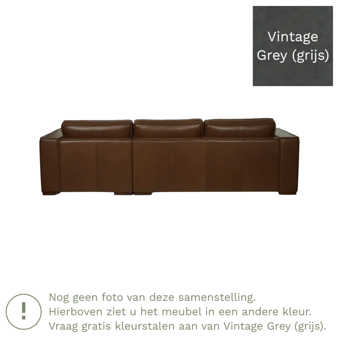 afbeelding van Leren hoekbank Fine - 2 zits arm rechts + longchair links - Vintage Grey (grijs) - Poten hout zwart