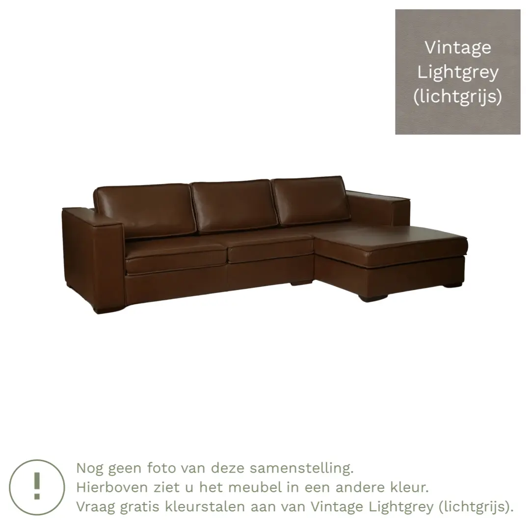 afbeelding van Leren hoekbank Fine - 2 zits arm rechts + longchair links - Vintage Lightgrey (lichtgrijs) - Poten hout bruin