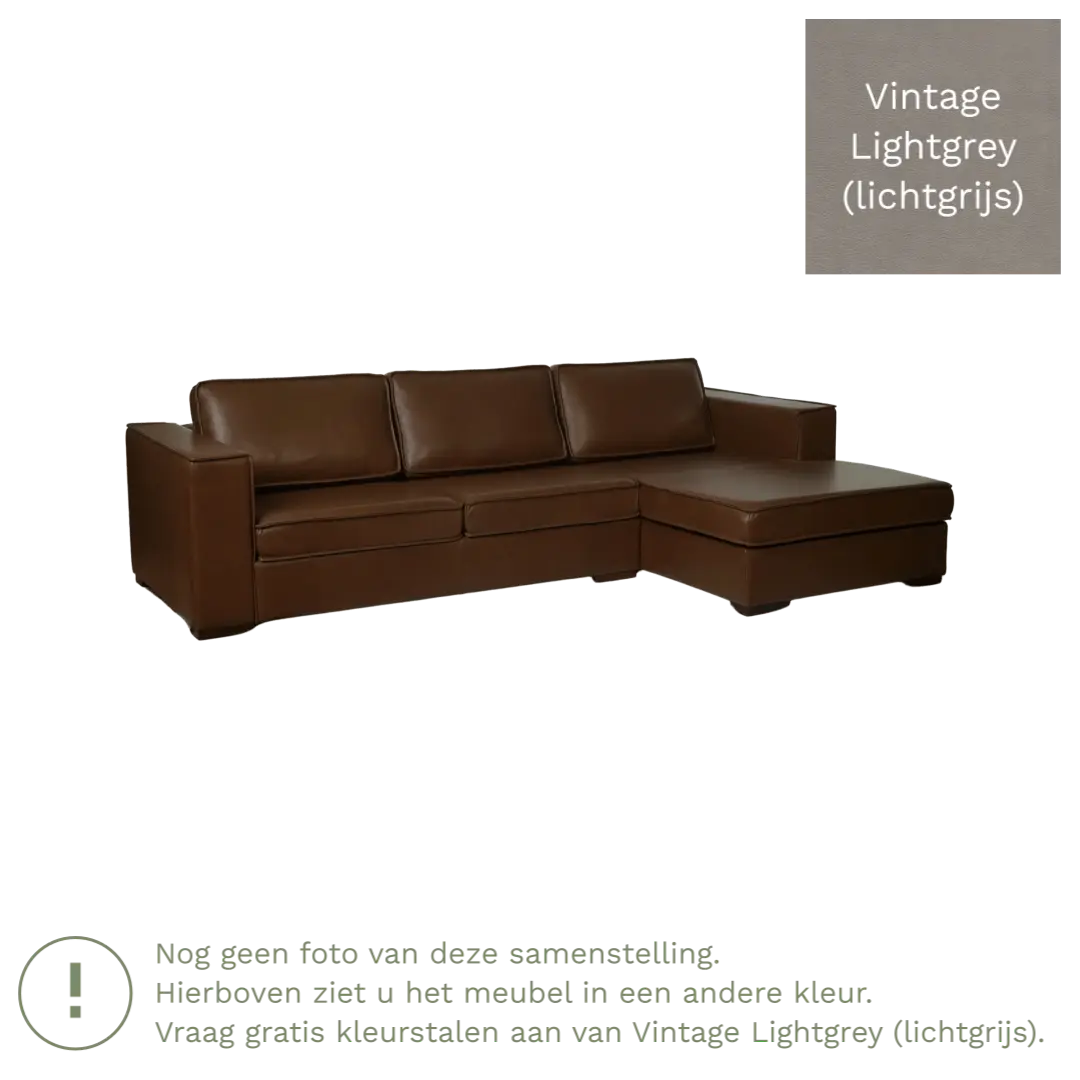 afbeelding van Leren hoekbank Fine - 2 zits arm rechts + longchair links - Vintage Lightgrey (lichtgrijs) - Poten hout bruin