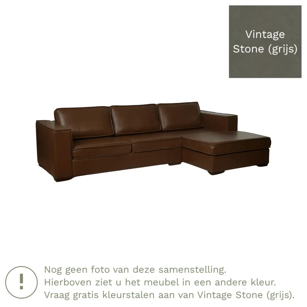 afbeelding van Leren hoekbank Fine - 2 zits arm rechts + longchair links - Vintage Stone (grijs) - Poten hout bruin