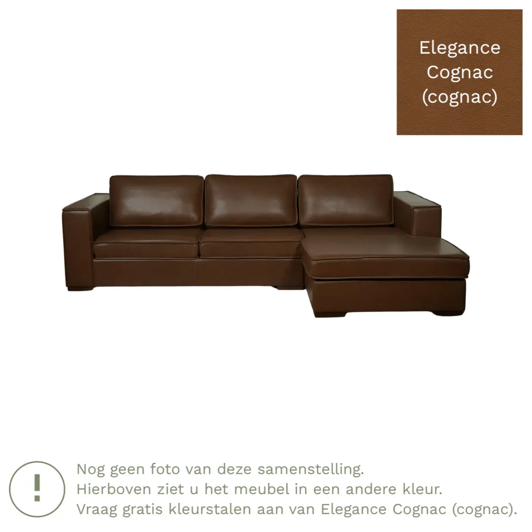 afbeelding van Leren hoekbank Fine - 3 zits arm links + longchair rechts - Elegance Cognac (cognac) - Poten hout bruin
