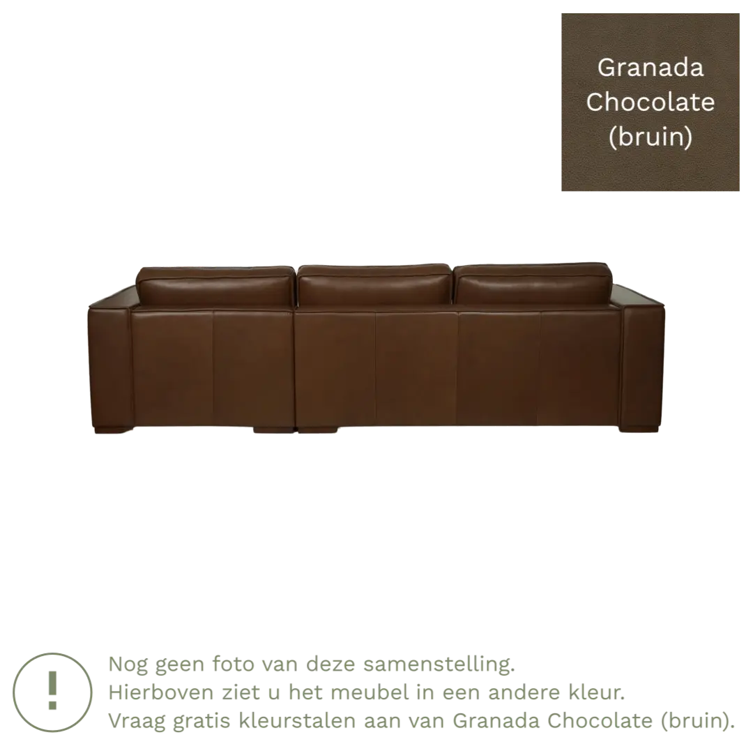 afbeelding van Leren hoekbank Fine - 3 zits arm links + longchair rechts - Granada Chocolate (bruin) - Poten hout zwart