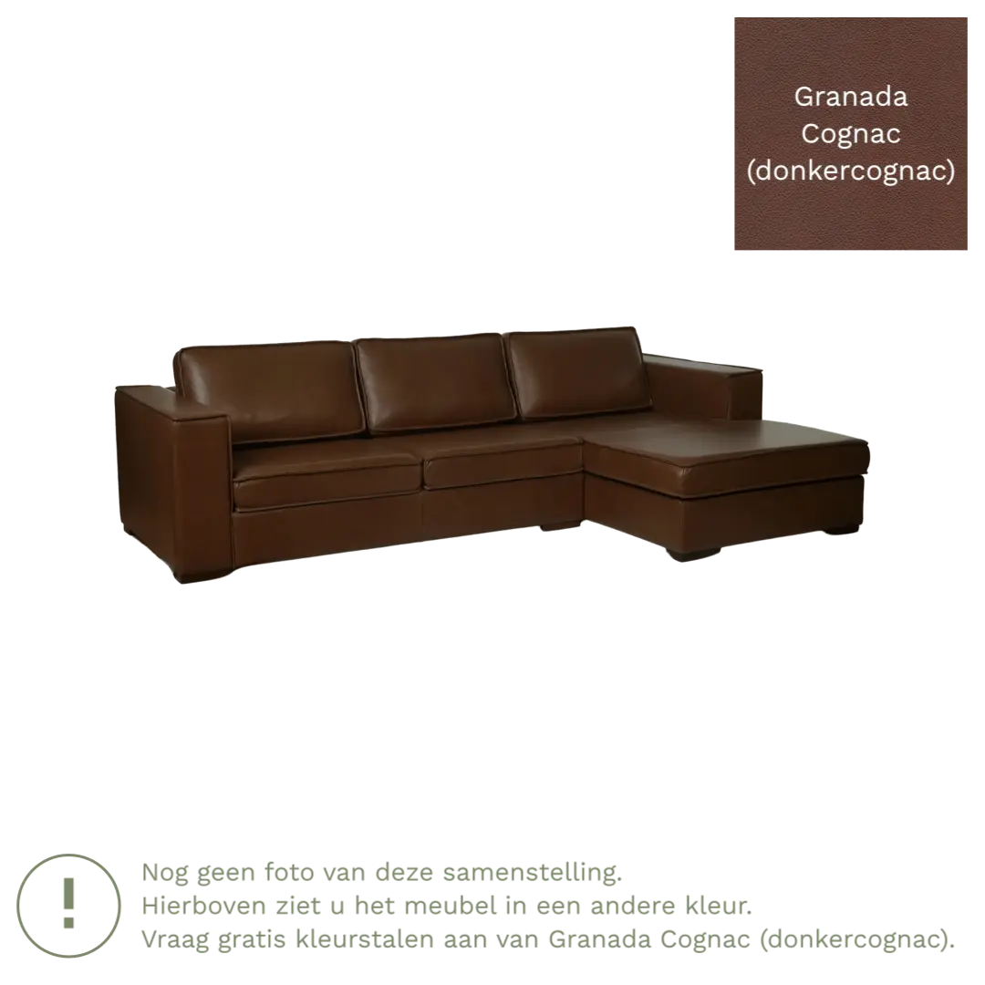 afbeelding van Leren hoekbank Fine - 3 zits arm links + longchair rechts - Granada Cognac (donkercognac) - Poten hout bruin