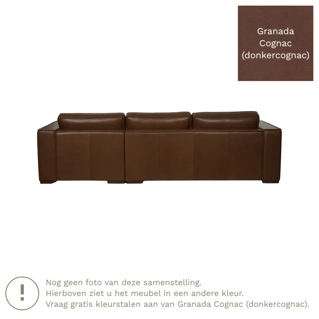 afbeelding van Leren hoekbank Fine - 3 zits arm links + longchair rechts - Granada Cognac (donkercognac) - Poten hout bruin