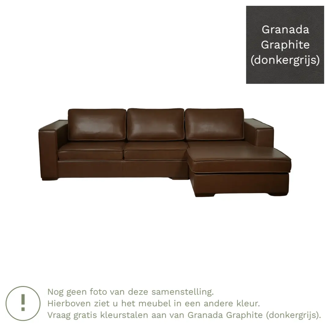 afbeelding van Leren hoekbank Fine - 3 zits arm links + longchair rechts - Granada Graphite (donkergrijs) - Poten hout zwart