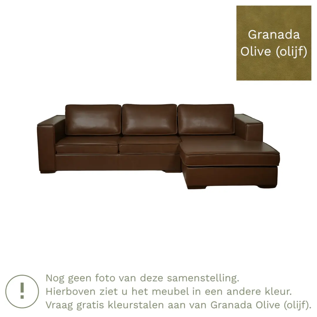 afbeelding van Leren hoekbank Fine - 3 zits arm links + longchair rechts - Granada Olive (olijf) - Poten hout bruin