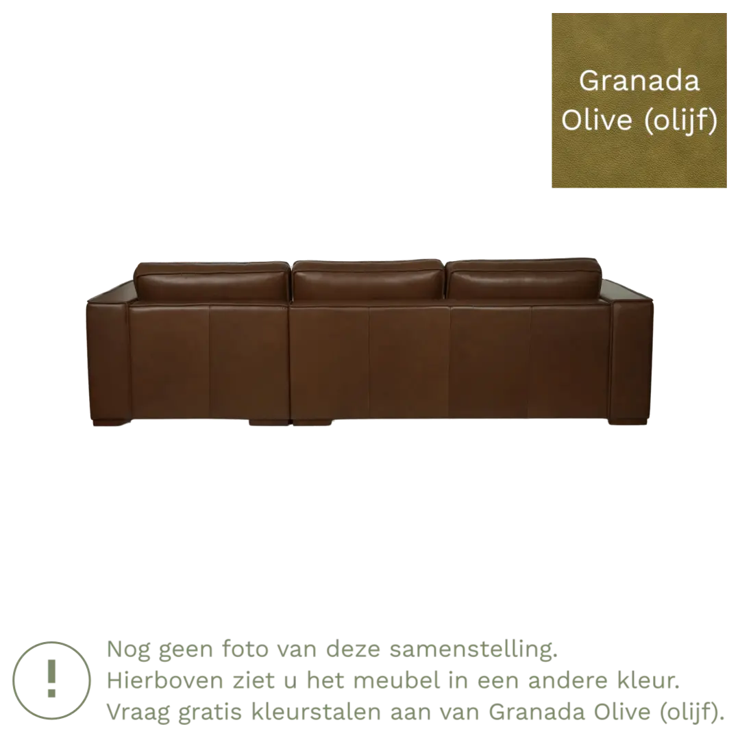 afbeelding van Leren hoekbank Fine - 3 zits arm links + longchair rechts - Granada Olive (olijf) - Poten hout bruin