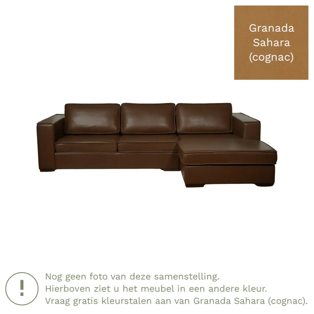 afbeelding van Leren hoekbank Fine - 3 zits arm links + longchair rechts - Granada Sahara (cognac) - Poten hout bruin