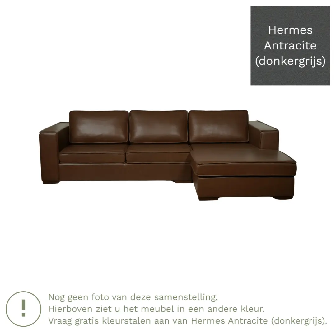 afbeelding van Leren hoekbank Fine - 3 zits arm links + longchair rechts - Hermes Antracite (donkergrijs) - Poten hout bruin