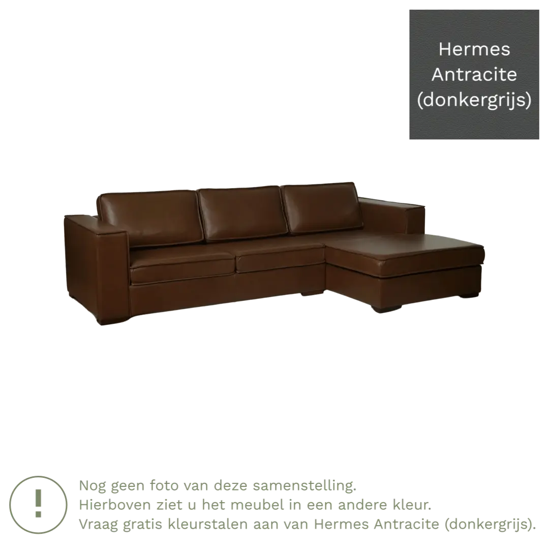 afbeelding van Leren hoekbank Fine - 3 zits arm links + longchair rechts - Hermes Antracite (donkergrijs) - Poten hout bruin