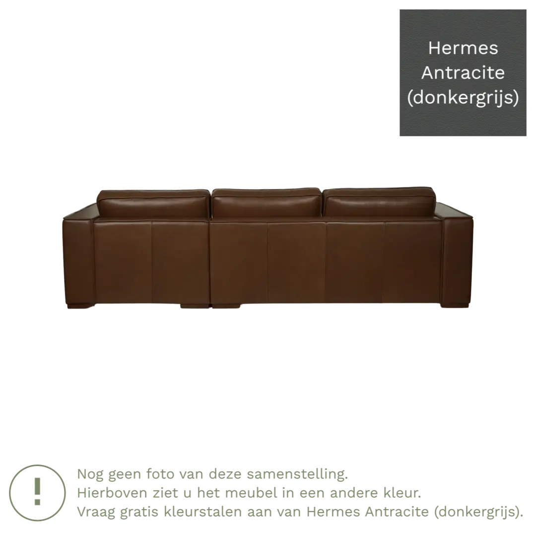 afbeelding van Leren hoekbank Fine - 3 zits arm links + longchair rechts - Hermes Antracite (donkergrijs) - Poten hout bruin