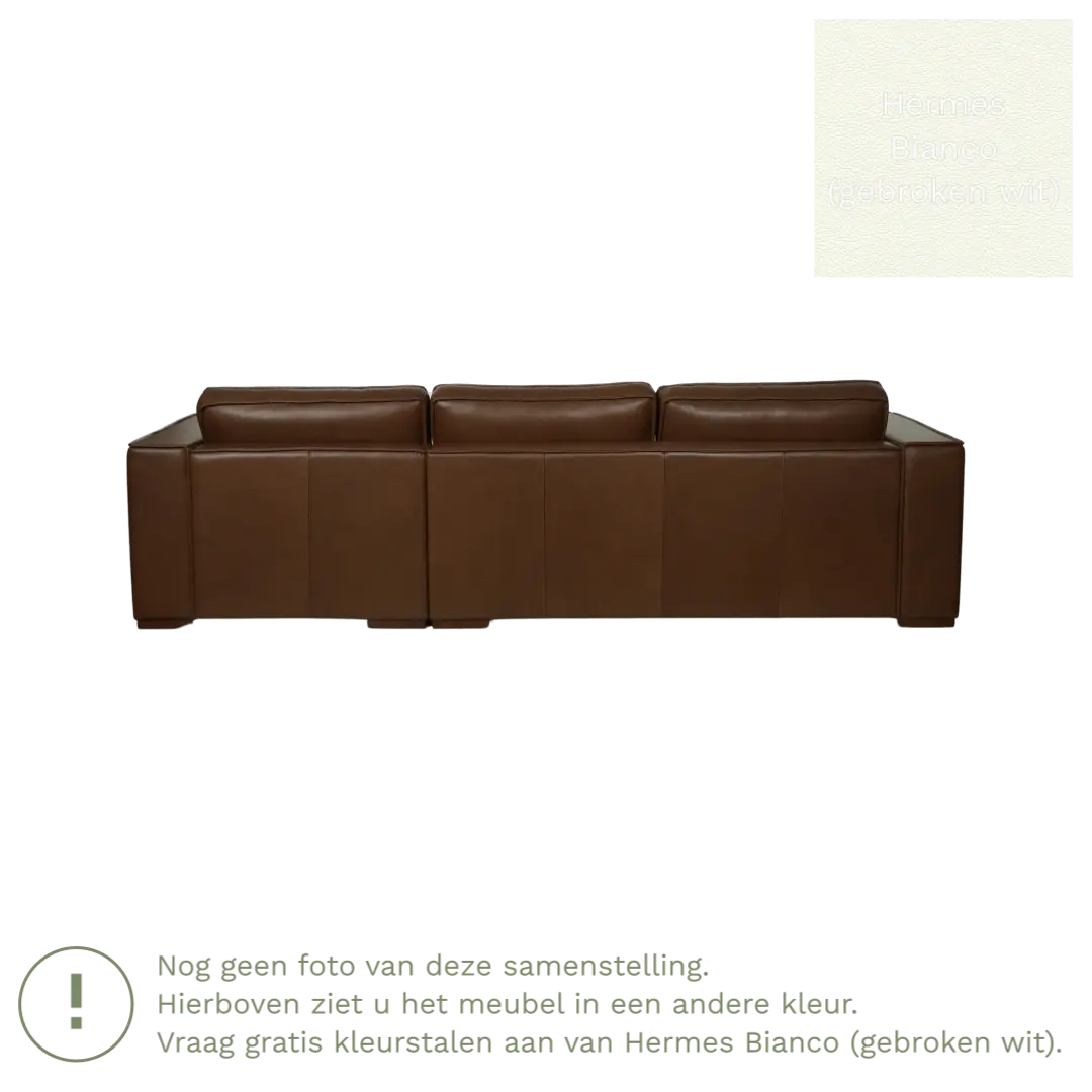 afbeelding van Leren hoekbank Fine - 3 zits arm links + longchair rechts - Hermes Bianco (gebroken wit) - Poten hout bruin